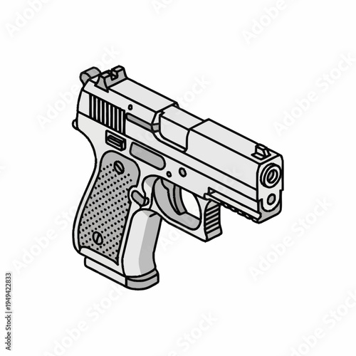 Detailed Line Art Illustration of a Modern Semi-Automatic Handgun.