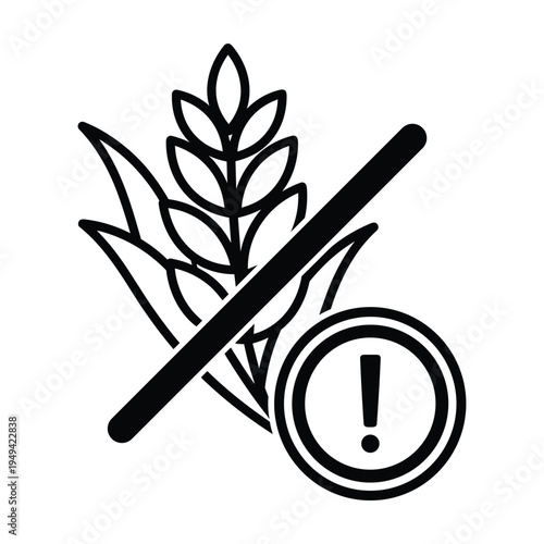 Gluten-Free Icon: Wheat Symbol Crossed Out with Exclamation Mark Alert