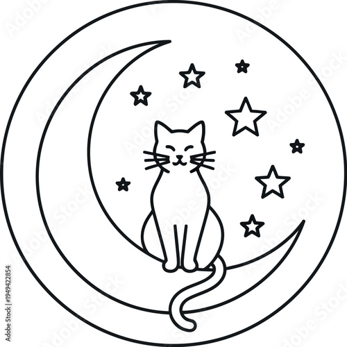 Minimalist black outline drawing features a charming happy cat sitting peacefully upon a crescent moon surrounded by twinkling stars