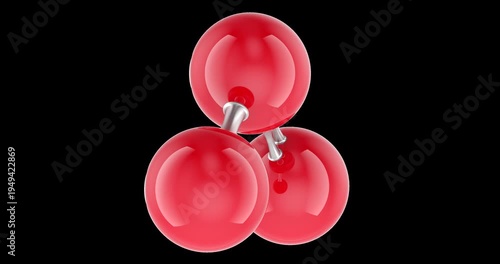 Ozone O3 molecule rotation animation seamlessly loopable. 3D rendering isolated on transparent background