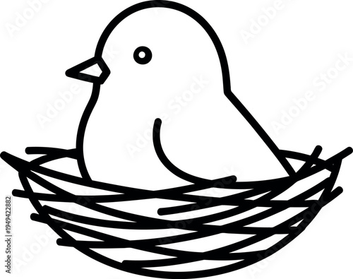 A minimalistic line art illustration captures a small, cute bird comfortably settled within its cozy nest, representing new life, care, and natural serenity.