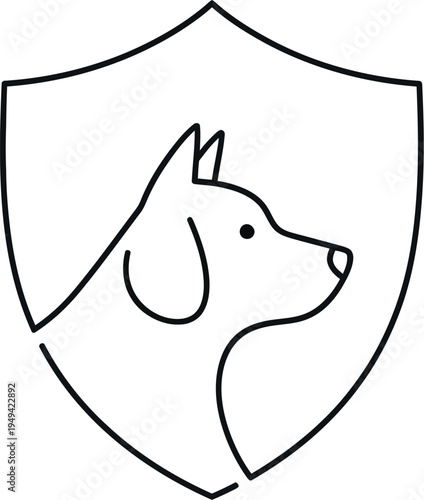 A minimalist line art illustration featuring a loyal dog's head in profile, elegantly enclosed within a classic shield emblem, perfect for animal protection or pet care branding.