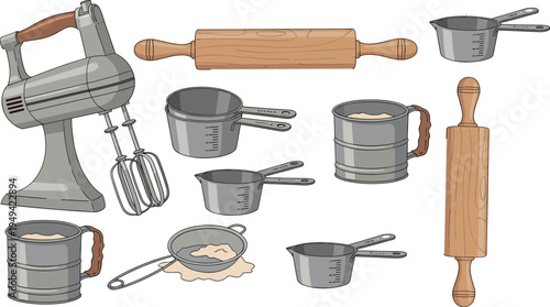 Baking Tools and Kitchen Utensils Vector Illustration Set Featuring Mixer, Rolling Pin, Whisk, Measuring Cups, Scale and Recipe Notebook