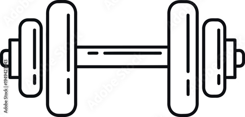 This minimalist line art illustration features a classic dumbbell with weights on each side, perfectly rendered as an isolated vector graphic for various fitness-related design projects.