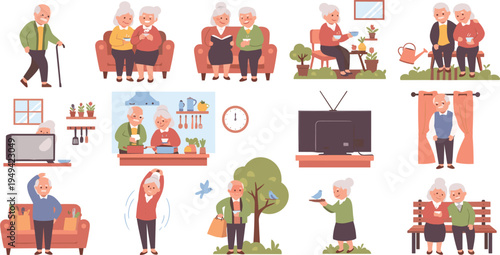 Senior elderly people daily life activities set happy grandparents lifestyle scenes including cooking gardening reading walking relaxing vector illustration