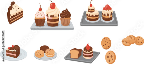 Sweet Dessert and Bakery Collection with Cakes Cupcakes Cookies Croissant Bread and Pastry Treats Vector Illustration Set