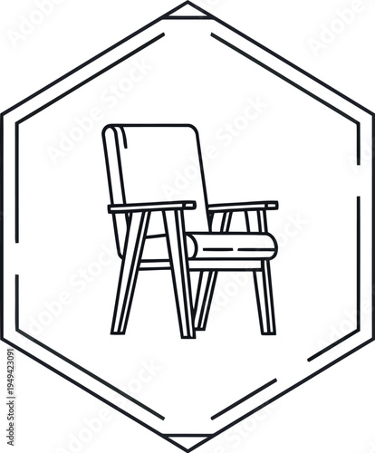 Minimalist line art icon depicting a comfortable upholstered armchair framed within a stylish geometric hexagonal border design element