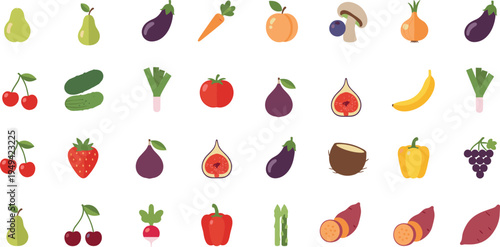 Fresh Fruits and Vegetables Collection with Pear Eggplant Carrot Banana Fig Pepper and Healthy Food Icons Vector Illustration Set