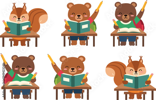 Cute Animal Students Studying in Classroom with Bear and Squirrel Reading Books and Writing School Lessons Vector Illustration Set