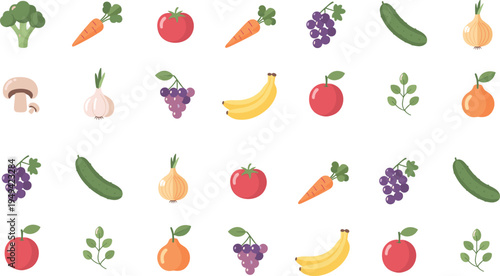 Fresh Fruits and Vegetables Icon Collection with Tomato Carrot Banana Grapes Cucumber Onion and Healthy Food Vector Illustration Set