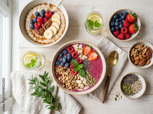 Morning health snapshot showcasing berrytopped acai bowl and accessories