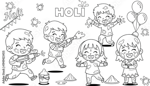 Happy children joyfully celebrate the vibrant Hindu festival of Holi, playing with water guns, color powder, and balloons in an exciting, traditional spring scene.