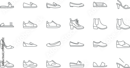Collection of various black outline icon designs representing different types of fashionable footwear for men and women