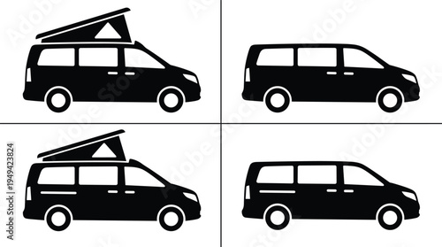 Camper van silhouettes with roof tent and travel van icons collection isolated on white background, recreational vehicle camping transport vector set