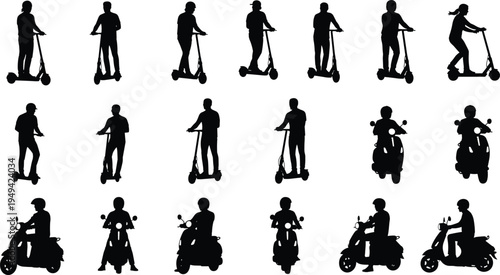 Electric scooter rider silhouettes collection with standing and riding poses, urban mobility transport vector set isolated on white background for transportation design