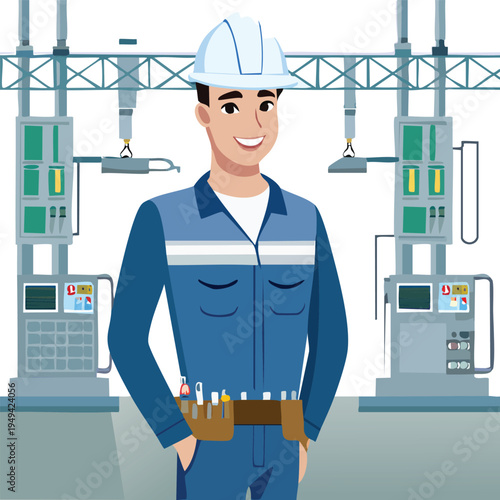 Smiling technician in blue uniform posing in industrial facility