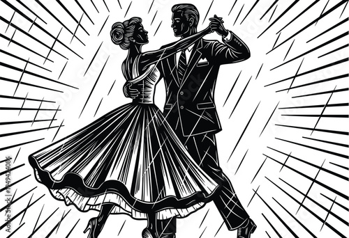 Elegant dancing couple in vintage style ballroom dance pose, man and woman waltzing illustration with dynamic lines isolated on white background