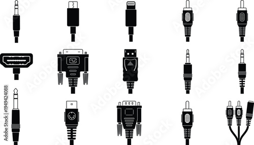 Electronic cable connectors and adapter plug silhouettes collection including USB HDMI audio and video ports isolated on white background vector technology set