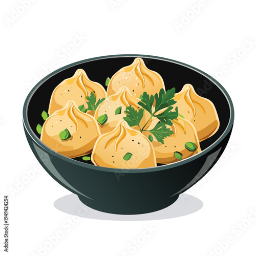 Delicious dumplings in a black bowl with fresh green garnish isolated
