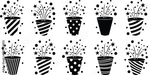 Party popper and confetti explosion silhouettes collection with stars and festive celebration elements isolated on white background vector set for birthday event design