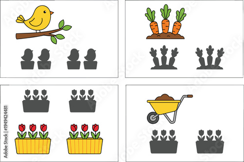 Educational shadow matching game for kids featuring garden elements like birds carrots tulips and wheelbarrow in flat vector style.