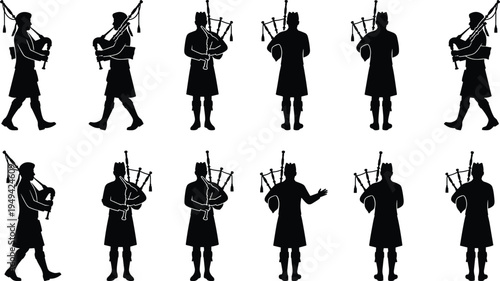 Scottish bagpiper silhouettes collection with traditional musician playing bagpipes in various poses isolated on white background, cultural music vector set