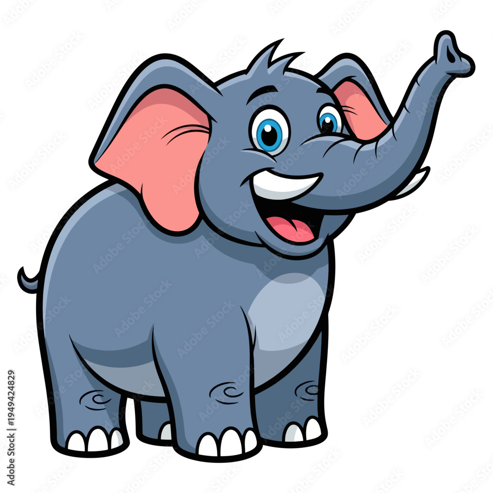 Fototapeta premium Cartoon Elephant with Raised Trunk Smiling.