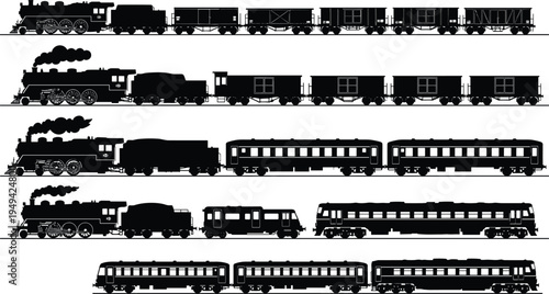 Vintage steam locomotive and railway train silhouettes collection with cargo wagons and passenger carriages isolated on white background vector transportation set
