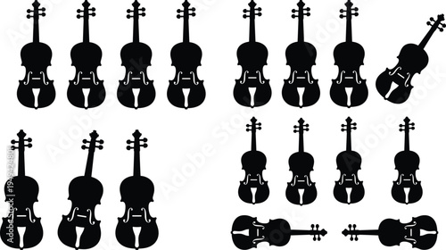 Violin silhouettes collection with classical string instruments in multiple angles isolated on white background, orchestral music instrument vector set for musical design