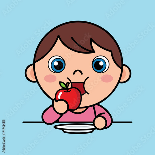 Cartoon child eating red apple.