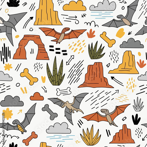 Dinosaur bones and desert landscape icons.
