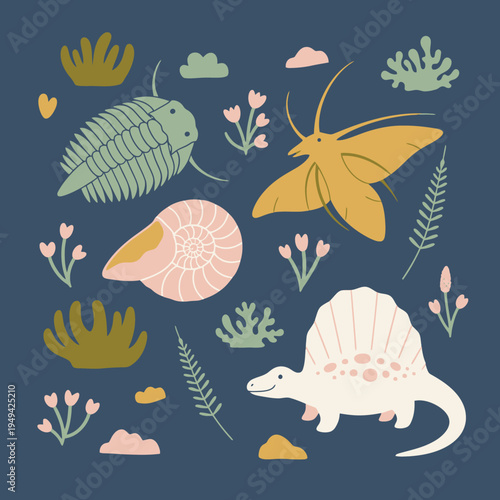 Prehistoric dinosaur and insects illustration.