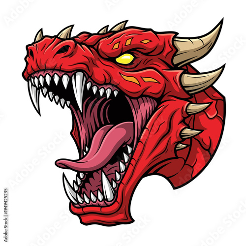 Red dragon head with sharp teeth.
