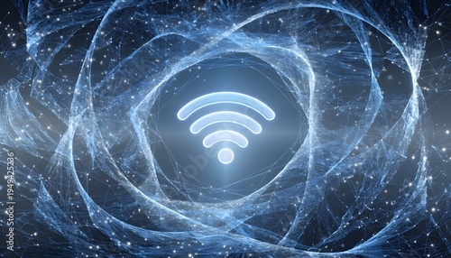 Abstract High-Tech Wireless Connectivity Symbol in Blue Glowing Digital Network Vortex