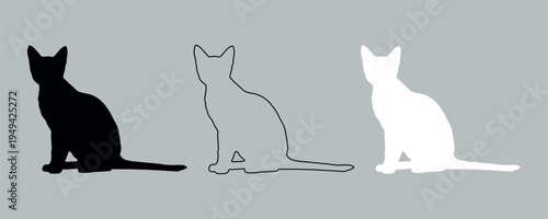 Set of 3 Sitting Cat Silhouettes Vector Icons: Black Solid, Outline, and White Solid Feline Pet Graphics for Web and Print Design