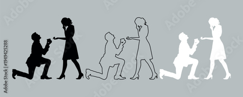 Set of 3 vector illustrations depicting a man proposing marriage to a woman in black silhouette, outline, and white silhouette styles, ideal for wedding and relationship designs.