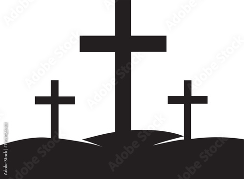 Three crosses on hill silhouette, religious symbol