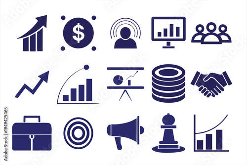 Business Icon Collection: A collection of concise business icons, designed to symbolize various aspects of finance, strategy, and teamwork