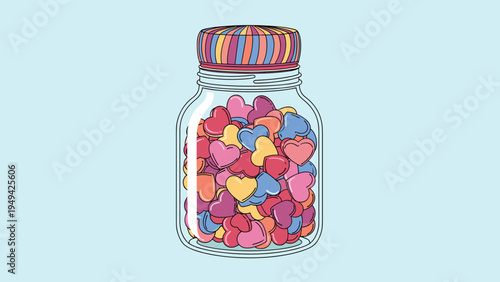 Transparent glass jar filled to the brim with many colorful heart shaped candies in shades of pink red orange and blue on a light background.