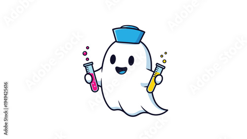 Joyful cartoon ghost character wearing a blue nurse cap and holding two test tubes with colorful liquids for a lighthearted healthcare theme.