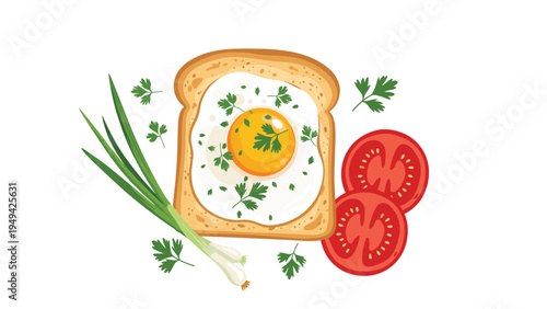 Gourmet breakfast toast topped with a fried egg and fresh green herbs served with sliced red tomatoes and spring onions on a white surface.