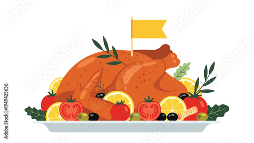 Roasted holiday turkey platter decorated with fresh tomatoes lemon slices green olives and a small yellow flag on a white serving tray.