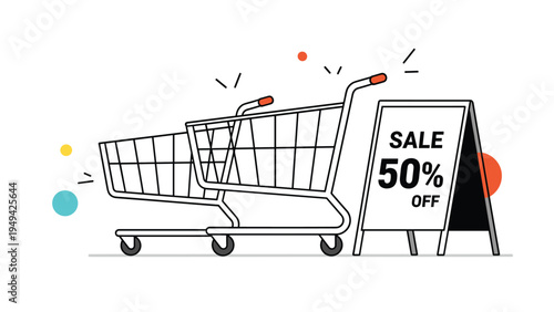 Pair of empty metal shopping carts standing next to a black sale sign board announcing a fifty percent discount for retail marketing.