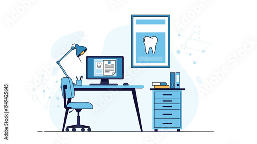 Professional dental office interior illustration with a desk lamp computer monitor showing tooth records and a blue chair in a modern workspace.
