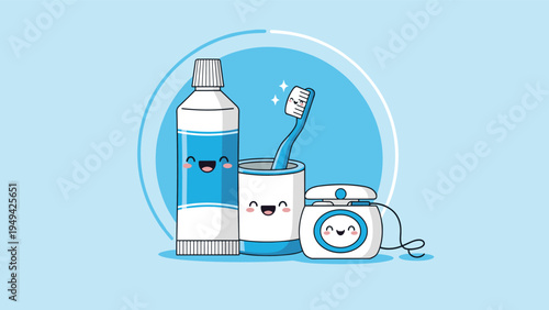 Collection of happy cartoon dental hygiene tools including a tube of toothpaste a toothbrush in a cup and a container of dental floss.