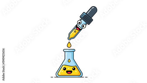 Playful cartoon pipette with big eyes dropping yellow liquid into a happy Erlenmeyer flask for a fun science and chemistry education theme.