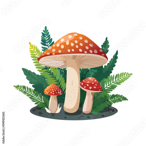 Vibrant red mushrooms and green ferns isolated on white background
