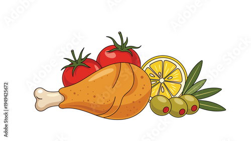 Food illustration showing a cooked chicken drumstick served with two red tomatoes a fresh lemon slice and green olives on a white background.