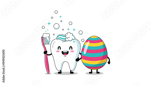 Happy cartoon tooth holding a pink toothbrush and standing next to a large colorful striped Easter egg for a holiday themed dental greeting.