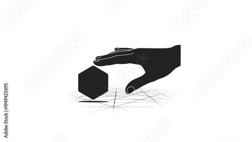 Black silhouette of a human hand interacting with a dark hexagonal shape on a grid, symbolizing augmented reality or virtual interaction, isolated on a white background vector illustration.